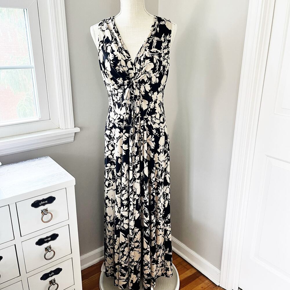 Calvin Klein Black & Beige Floral Sleeveless Maxi Dress Size 4
